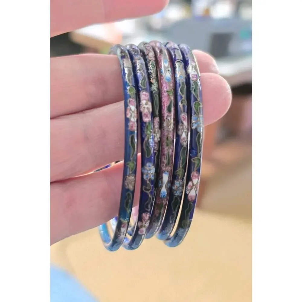 Vintage Cloisonne Enamel Floral Bracelets Set of 6 Multicolor Stackable 7.75